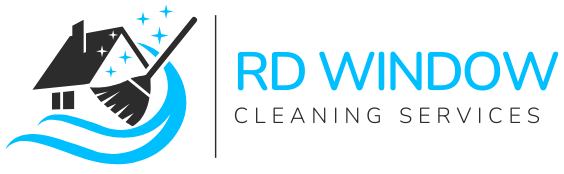 RD Window Cleaning Services logo with a house, sparkling windows, and a cleaning squeegee, representing professional window cleaners Reading
