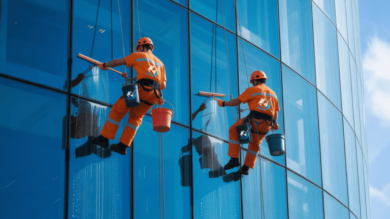 Two employees of RD window Cleaners leaning window of a building in Window cleaning reading.