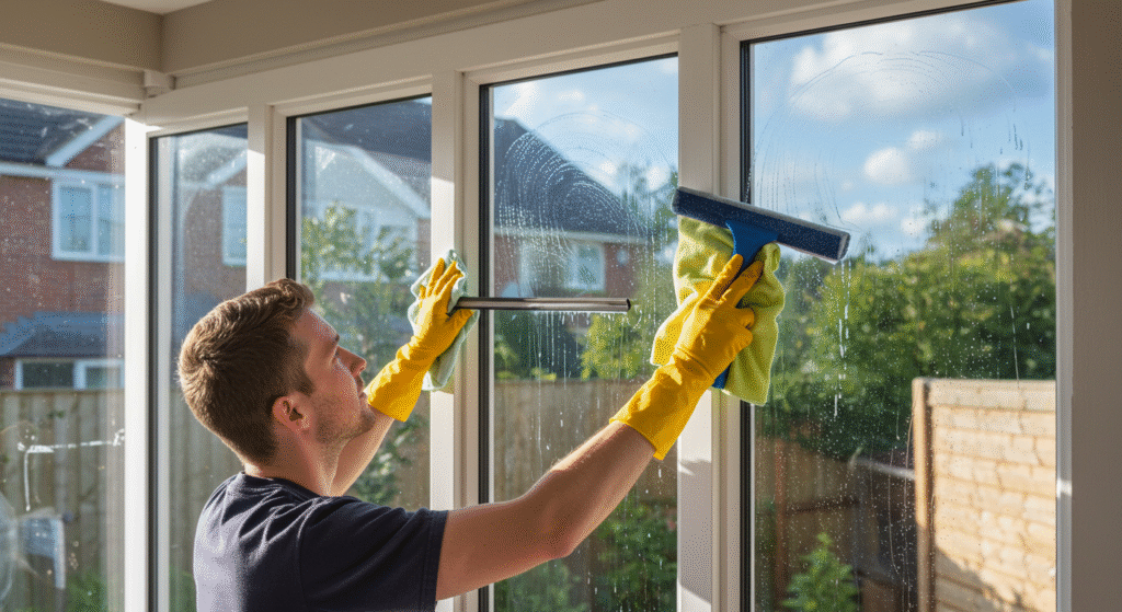 A professional window cleaner in Reading using a squeegee and cloth to clean large glass windows, leaving them streak-free and shiny.