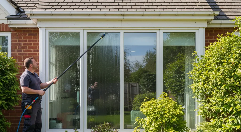 Professional cleaner using a water-fed pole system to wash large house windows. Expert window cleaning services in Reading for streak-free and spotless results
