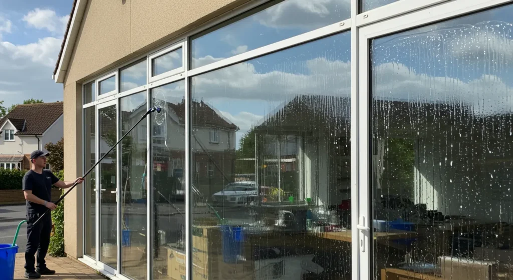 Professional window cleaner using a water-fed pole system to clean large glass windows of a commercial building. Window cleaning services in Reading for spotless and streak-free results