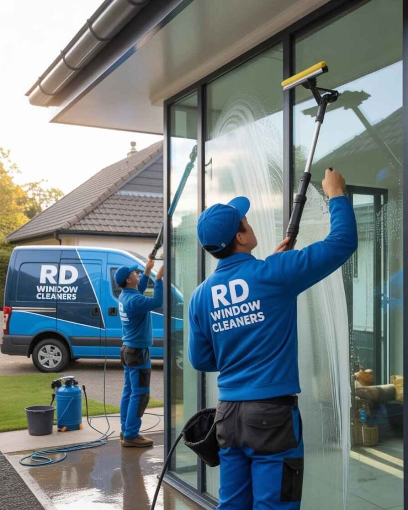 RD Window Cleaners team providing professional window cleaning services in Reading, using modern equipment for spotless results.