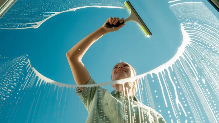 A professional window cleaner using a squeegee to clean a glass surface under a clear blue sky, window cleaners Reading