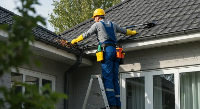 A professional worker on a ladder wearing safety gear and gloves while cleaning leaves and debris from a house gutter. Gutter Cleaning Reading service in action