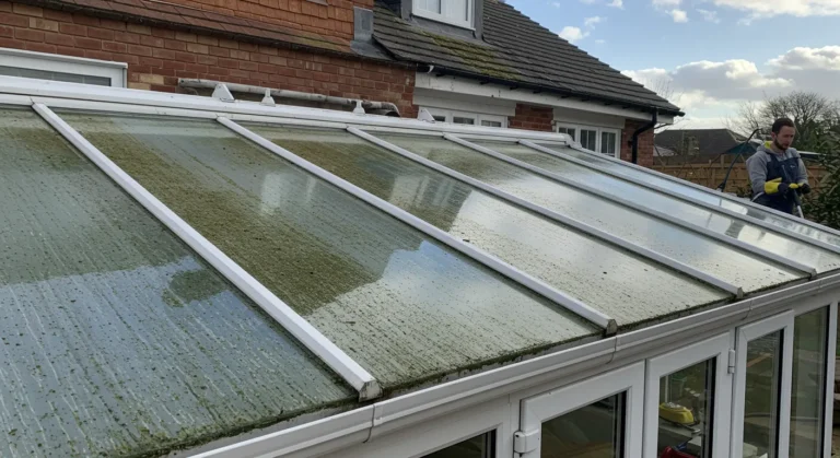 Conservatory roof covered with moss and dirt being cleaned by a worker using pressure washing in Reading