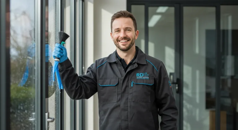 Friendly professional window cleaner from RD Window Cleaners in Reading, smiling while cleaning glass windows with modern tools