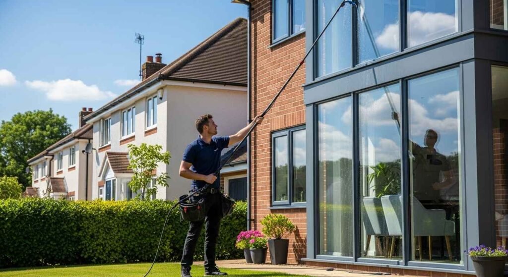 Professional window cleaner using a water-fed pole system to clean large glass windows of a modern house in Tilehurst, Berkshire, on a bright sunny day. The cleaner is wearing a uniform and cleaning the upper floor windows, with reflections of blue sky and clouds visible on the glass.