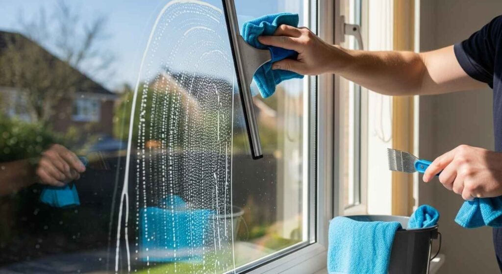 A person cleaning a house window using a squeegee, scraper, and microfiber cloth, with cleaning supplies placed in a bucket nearby.