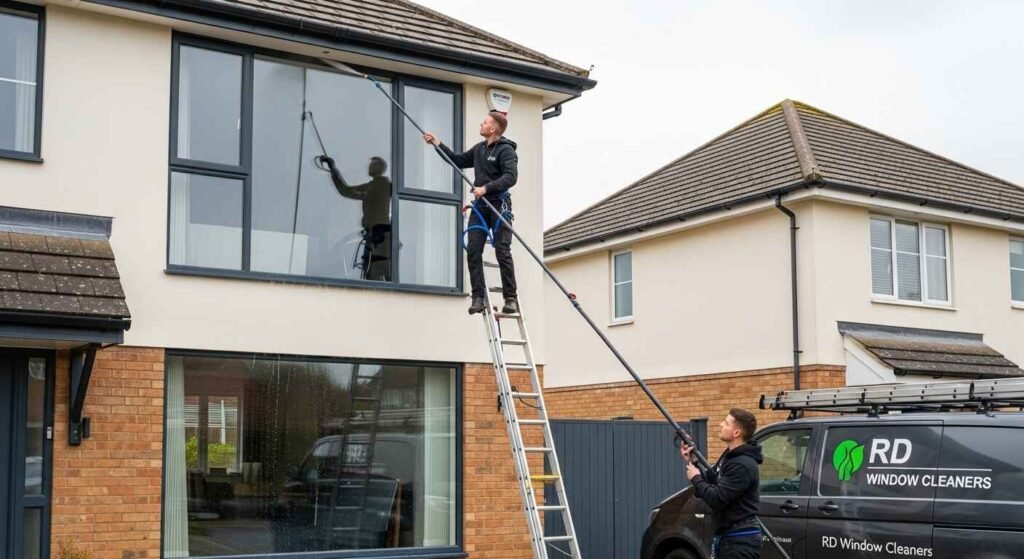 Two professional window cleaners from RD Window Cleaners cleaning the upper windows of a modern two-storey house using water-fed poles and a ladder, with their branded van parked nearby.