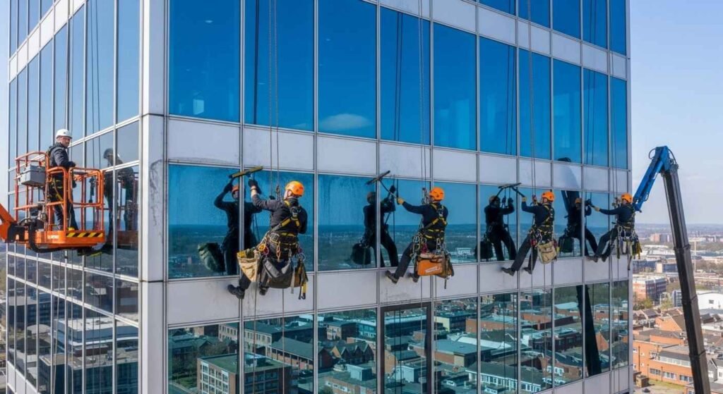 Team of professional window cleaners wearing safety harnesses cleaning the glass exterior of a high-rise building using ropes and abseiling equipment, while another worker operates from a cherry picker lift.