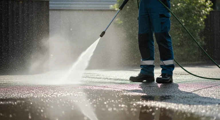 Professional cleaner using a high-pressure washer to clean a driveway surface. Expert Pressure Washing in Reading service keeping outdoor areas clean and fresh