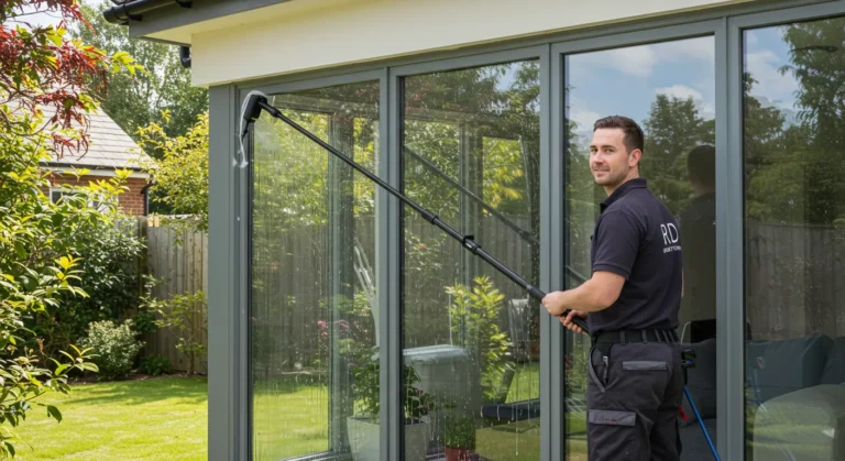 Professional window cleaner in Reading using a water-fed pole system to clean large glass doors, providing streak-free results
