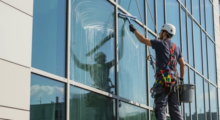 Professional window cleaners Reading cleaning large glass windows of a commercial building using safety harness, bucket, and squeegee for spotless results