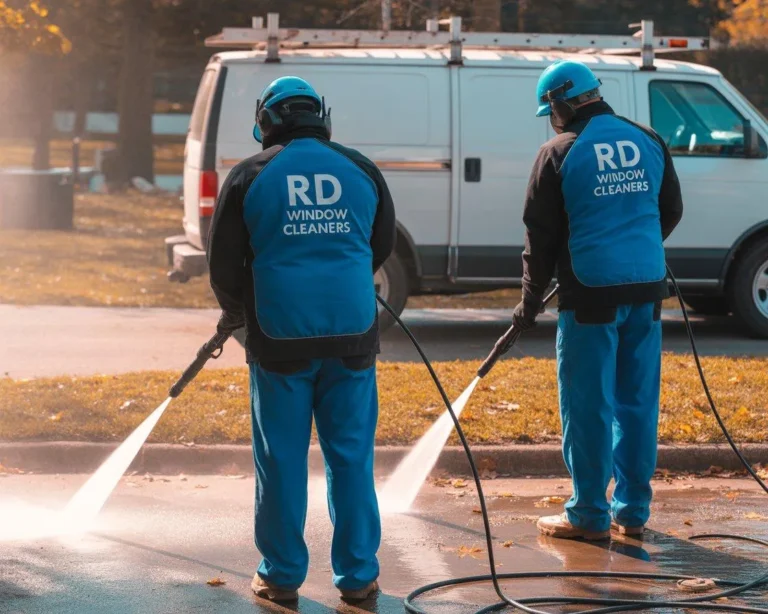 RD Window Cleaners team performing professional pressure washing in Reading, using high-powered equipment to clean outdoor surfaces and deliver spotless results