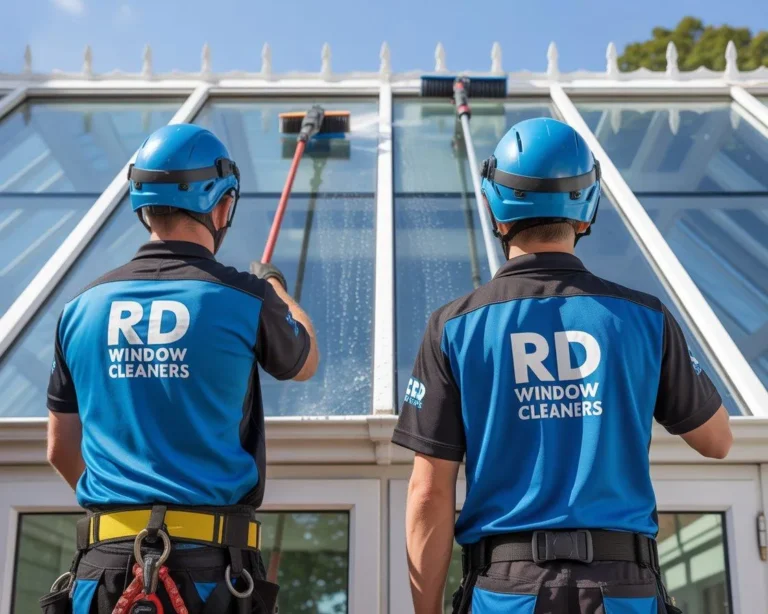 RD Window Cleaners team providing professional window cleaning services with safety gear and long brushes, trusted window cleaners Reading