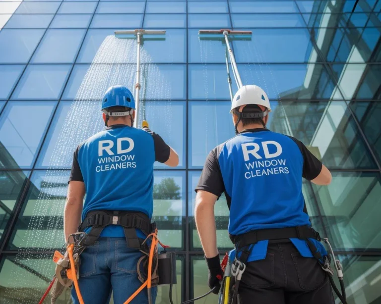 RD Window Cleaners team providing professional window cleaning services with safety gear and long brushes, trusted window cleaners Reading