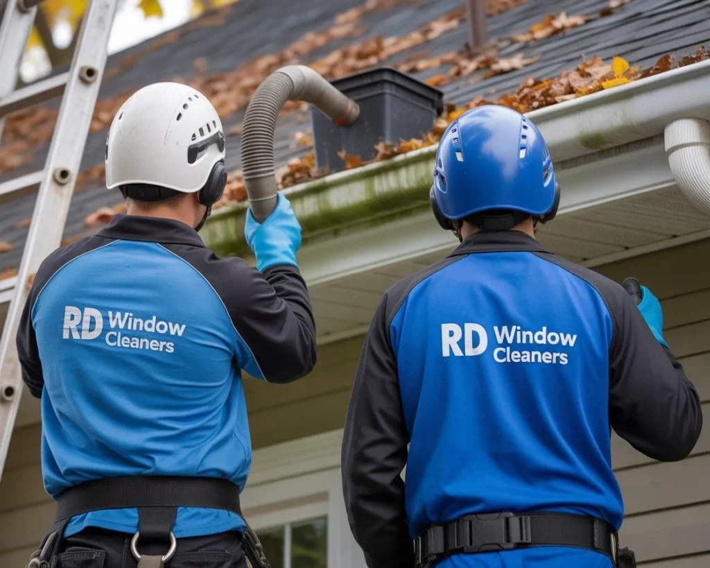 RD Window Cleaners team using professional equipment to remove leaves and debris from a house gutter. Gutter Cleaning Reading service ensuring clean and clear gutters