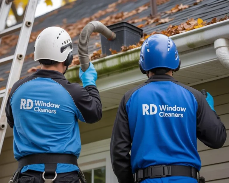 RD Window Cleaners team using professional equipment to remove leaves and debris from a house gutter. Gutter Cleaning Reading service ensuring clean and clear gutters
