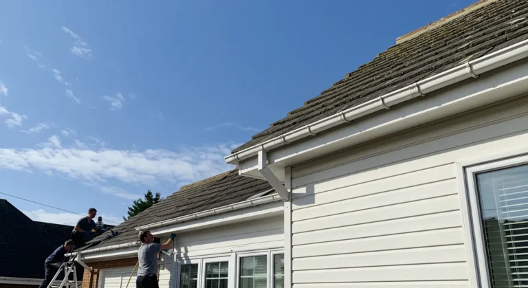 Team of workers cleaning a tiled house roof and gutters using professional equipment on a sunny day