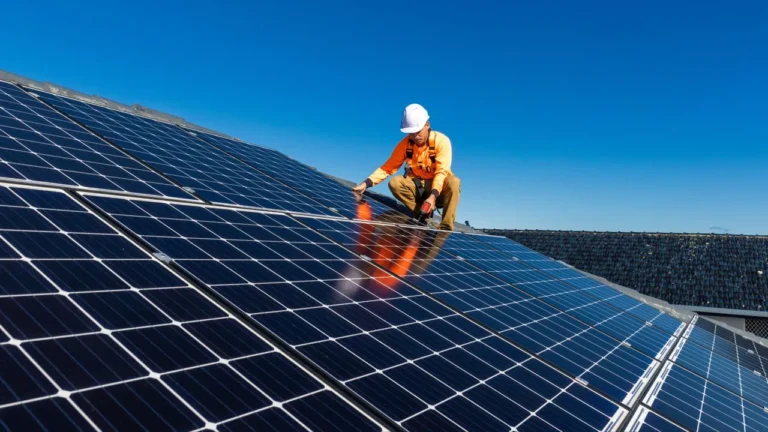 Technician in safety gear inspecting and cleaning solar panels on a rooftop. Professional solar panel cleaning services in Reading to improve energy efficiency and performance