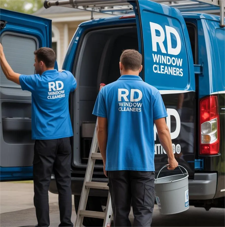 Window cleaners Reading team from RD Window Cleaners preparing equipment beside a branded van, with ladder and bucket for professional cleaning service