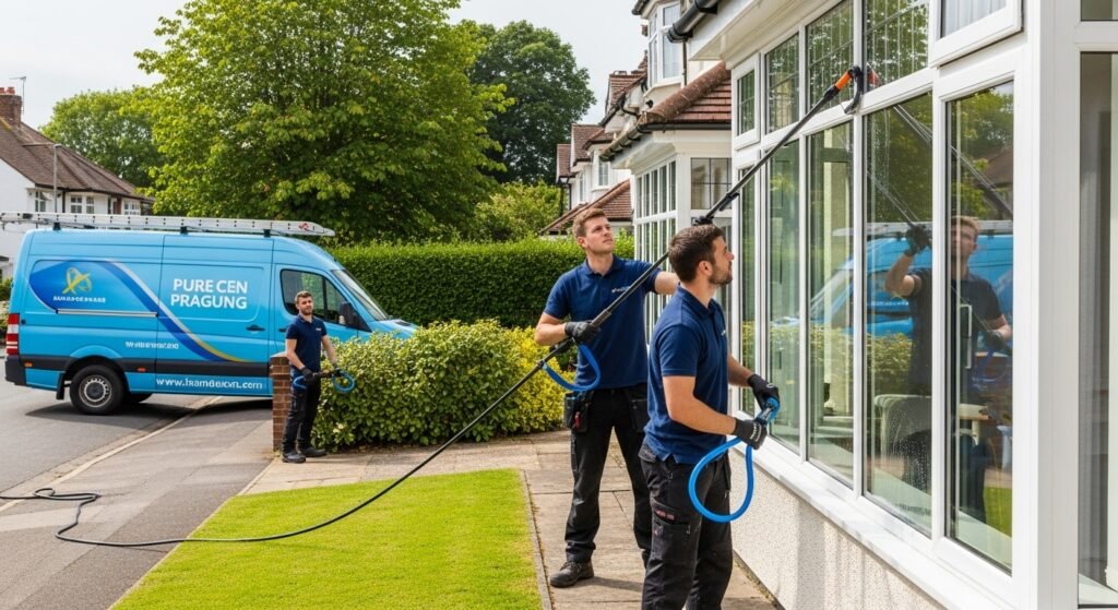 Professional window cleaners Woodley using pure water pole system to clean large residential windows, with a local cleaning van parked nearby and a team delivering streak-free window cleaning services in Berkshire.