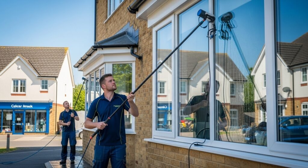 Two window cleaners using long water-fed poles to clean large glass windows on the exterior of a residential building during daytime, with houses visible in the background.