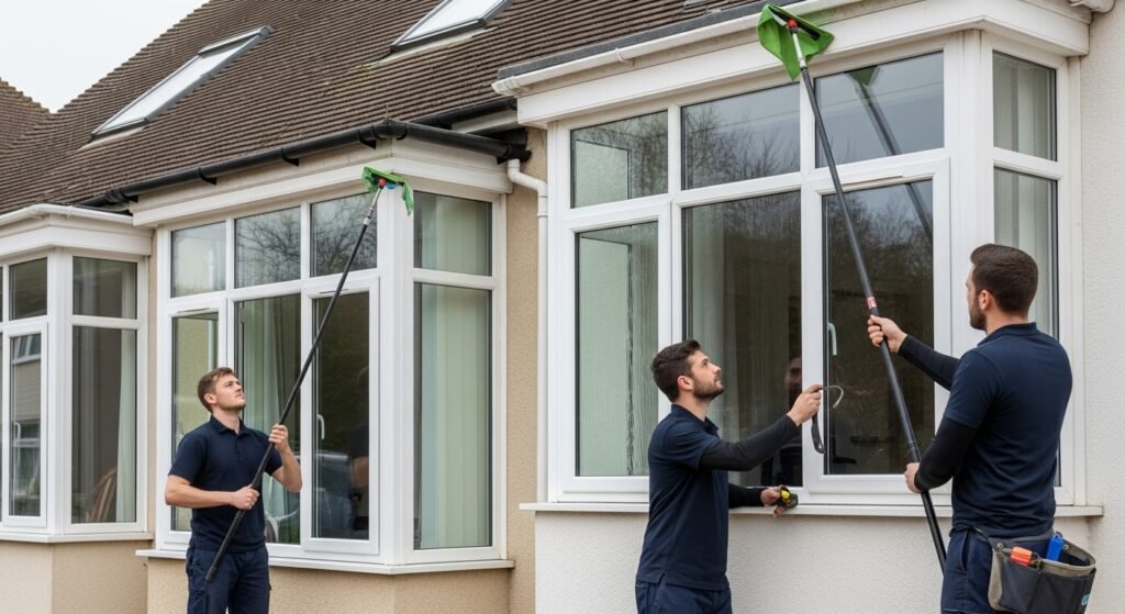 Professional window cleaners Reading using water-fed poles to clean upper windows and roofline of a residential home in Caversham, delivering a safe, streak-free exterior window cleaning service.