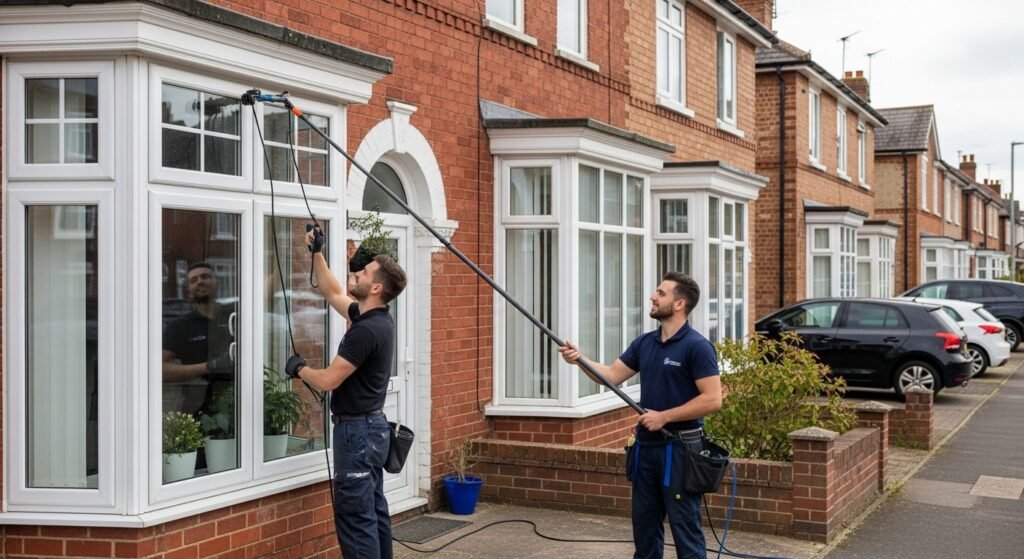 Professional window cleaners Earley using pure water pole system to clean glass windows of red brick houses on a residential street in Berkshire, providing reliable local window cleaning services for homes